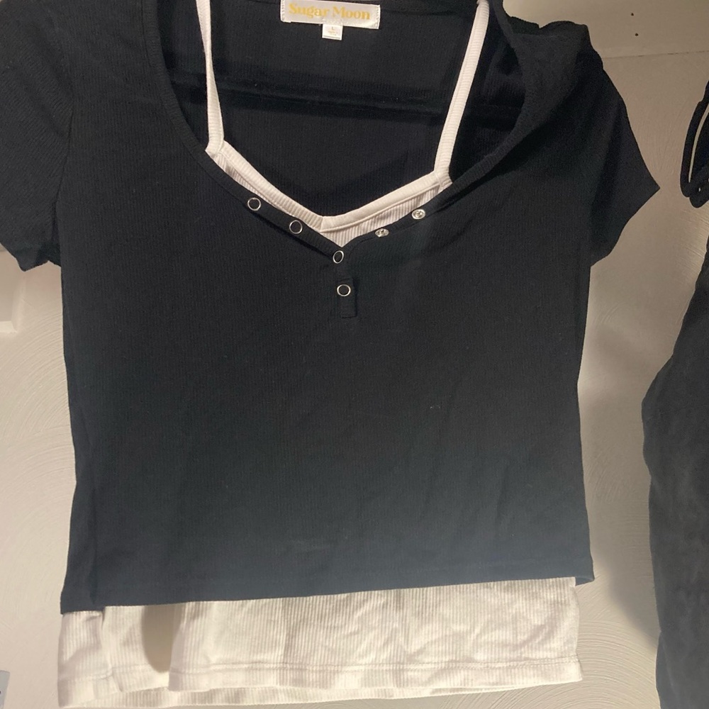 NWOT Black and White Layered Crop Polo Tee